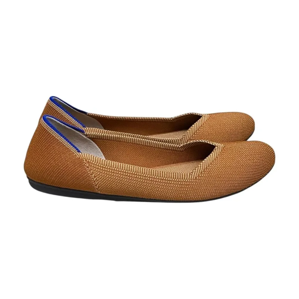 Classic Women's Tan Knit Ballet Flats with Blue Trim